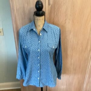 Red Tulips Heart Print Chambray Button Up Shirt western boho denim summe…